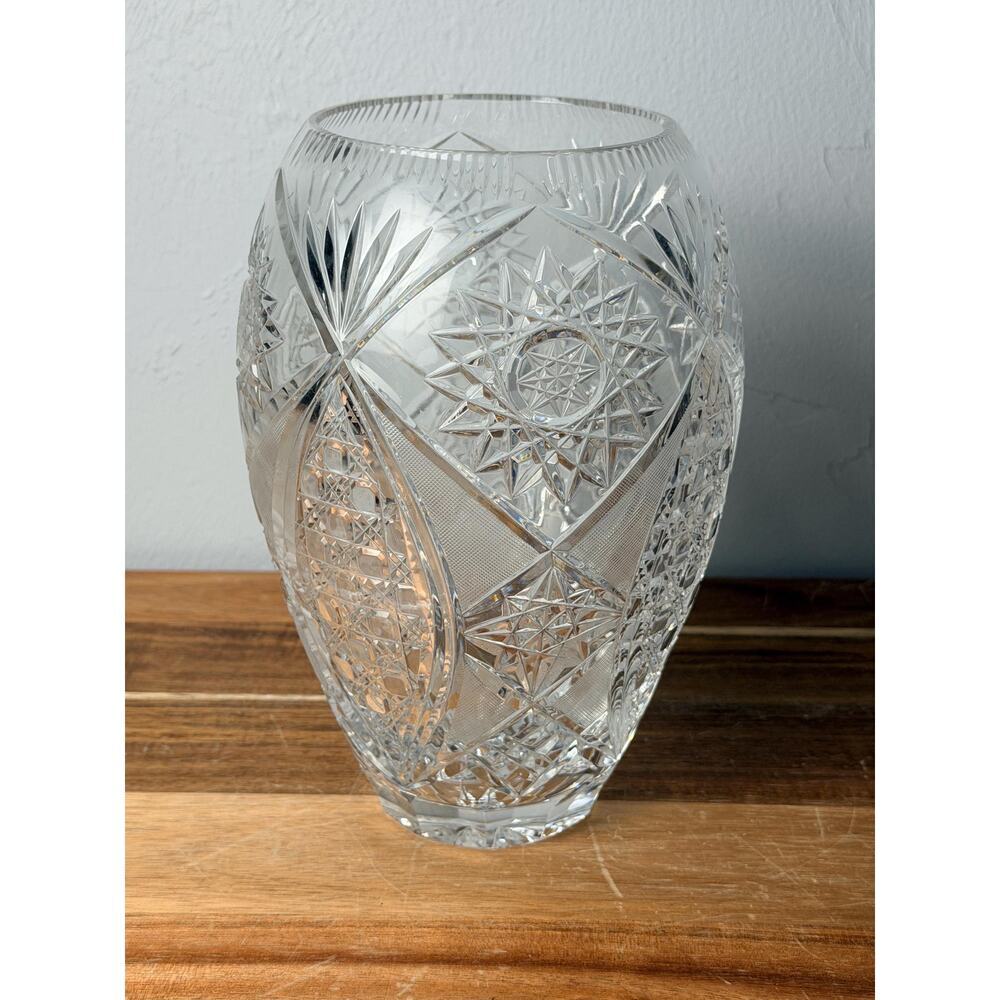 Vintage Hand Cut Crystal Vase, American Brilliant Hobstar Fan Pattern - Picture 6 of 16
